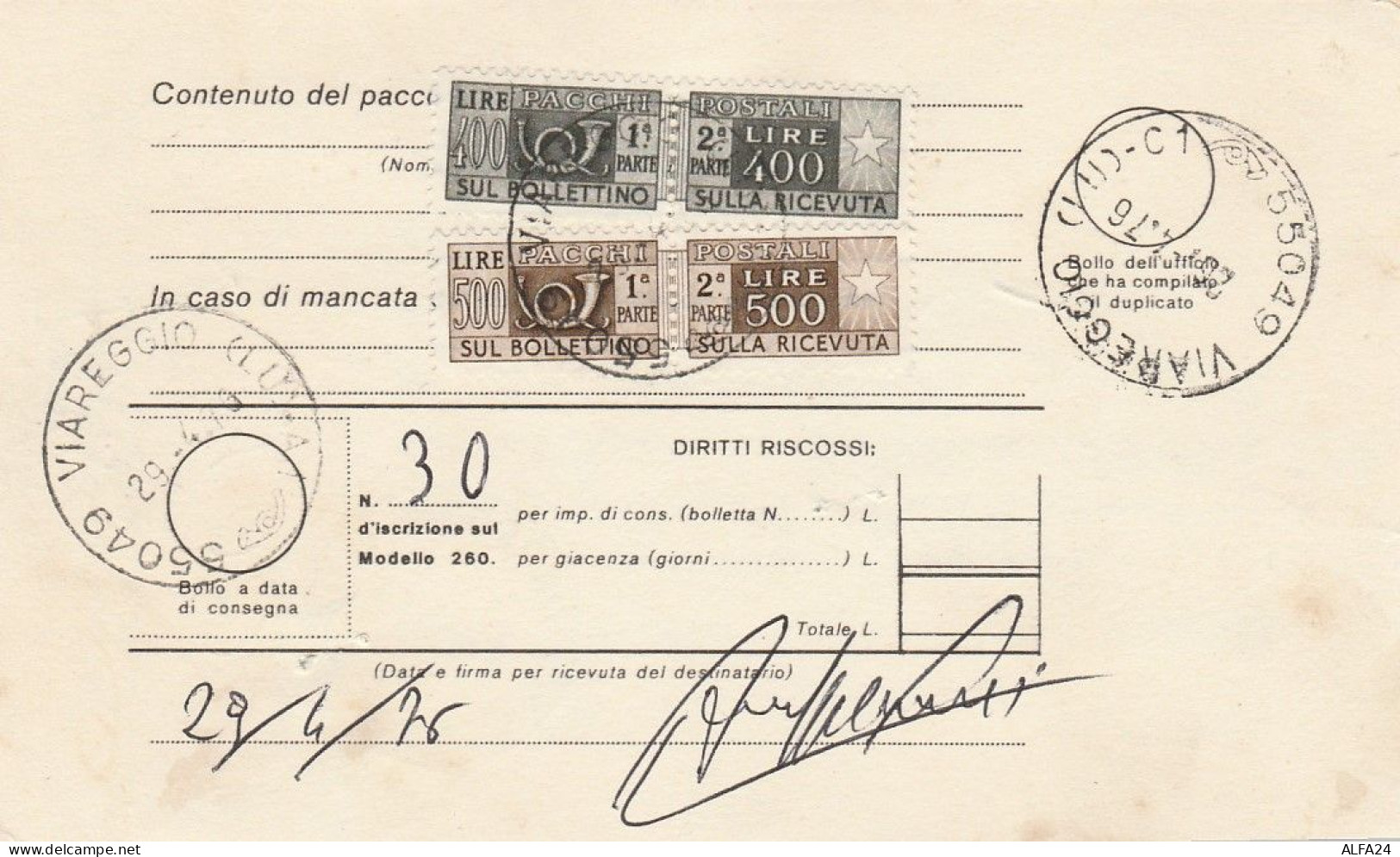 BOLLETTINO CON PACCHI POSTALI 2X500+2X400 1976 TIMBRO VIAREGGIO (LK380 - Parcel Post