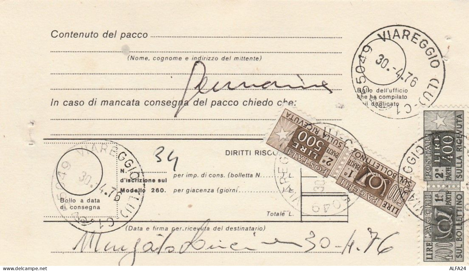 BOLLETTINO CON PACCHI POSTALI 2X500+2X400 1976 TIMBRO VIAREGGIO (LK377 - Parcel Post