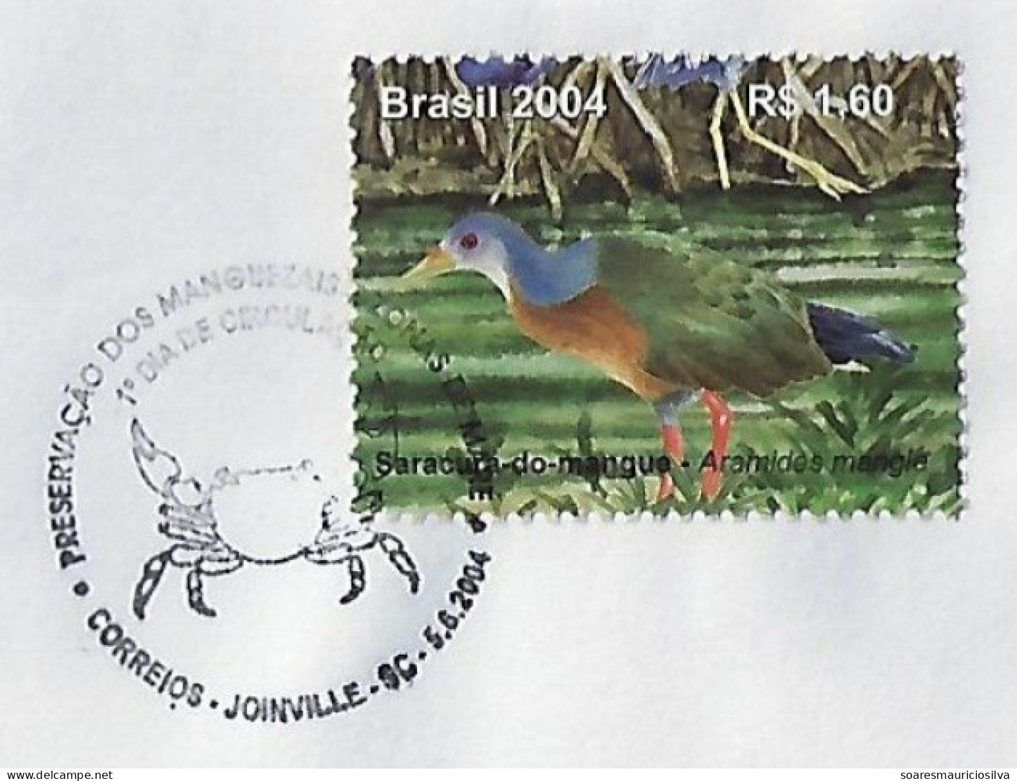 Brazil 2004 Cover Commemorative Cancel Preservation Of Mangroves And Tidal Zones Fauna Crustacean Crab From Joinville - Schalentiere