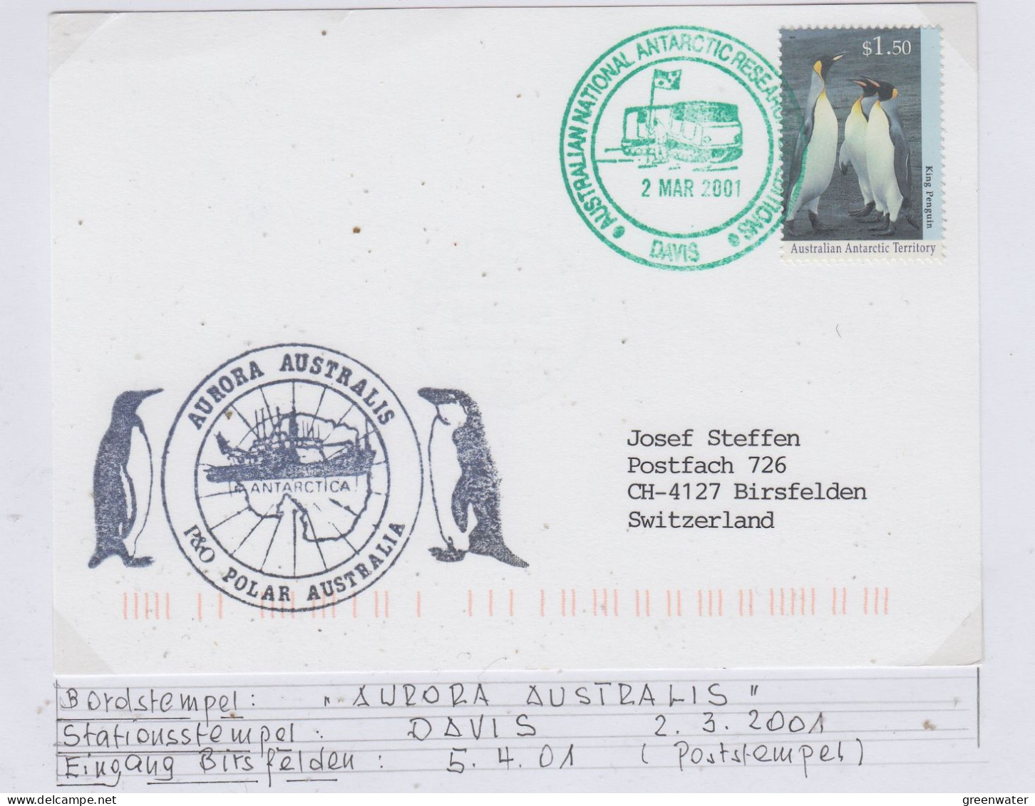 AAT Aurora Australis Ca Davis 2 MAR 2001(AS178A) - Lettres & Documents