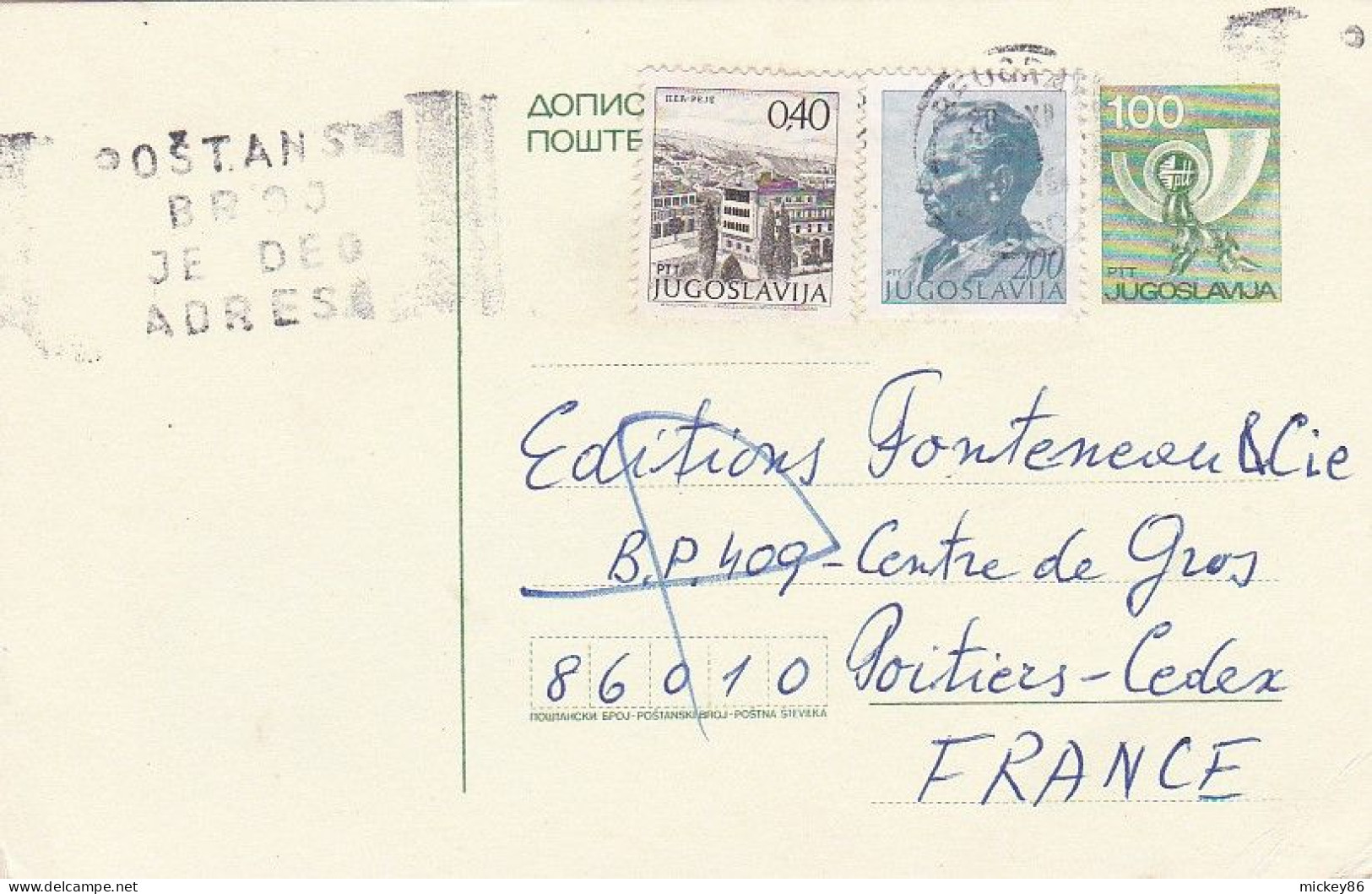 YOUGOSLAVIE---Entier Carte Postale Avec Complément Affranchissement BELGRADE  Pour POITIERS (France)...cachet - Brieven En Documenten