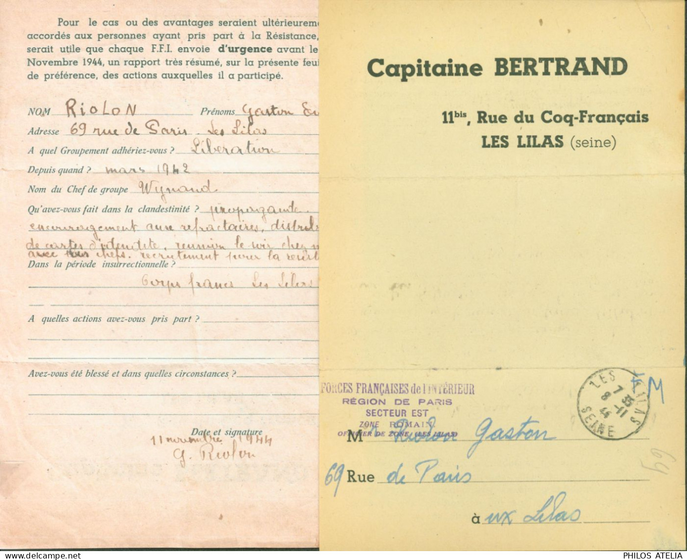 Guerre 40 Libération FFI Forces Françaises De L'Intérieur Document Pour Résistant à Remplir CAD Les Lilas 8 11 44 FM - Guerre De 1939-45