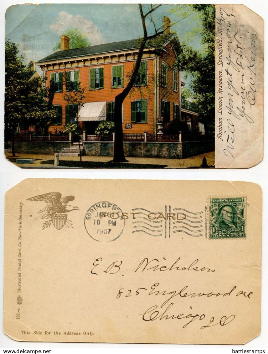 United States 1907 Postcard Springfield, Illinois - Abraham Lincoln Residence; Columbia CDS Machine Cancel - Springfield – Illinois