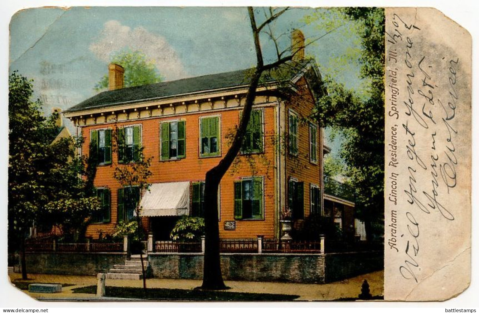 United States 1907 Postcard Springfield, Illinois - Abraham Lincoln Residence; Columbia CDS Machine Cancel - Springfield – Illinois