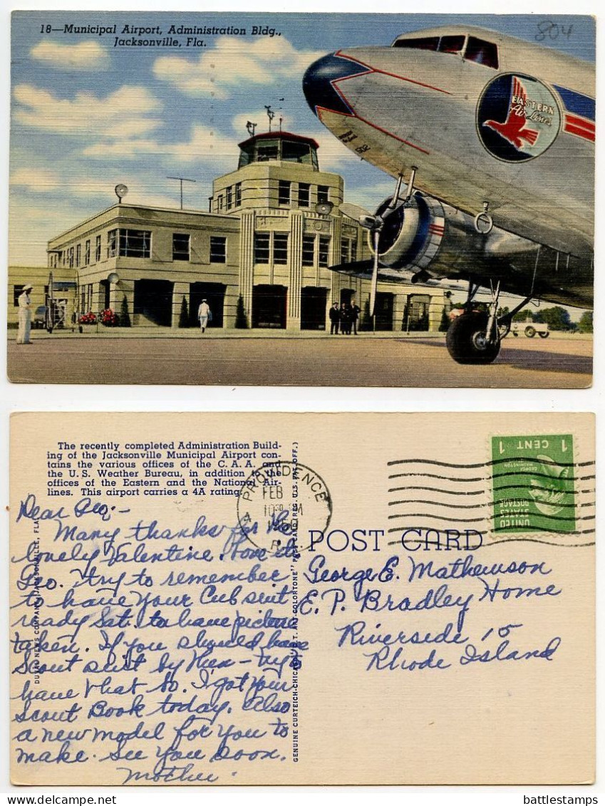 United States 1950 Postcard Jacksonville, Florida - Municipal Airport Administration Building; Eastern Airlines Airplane - Jacksonville