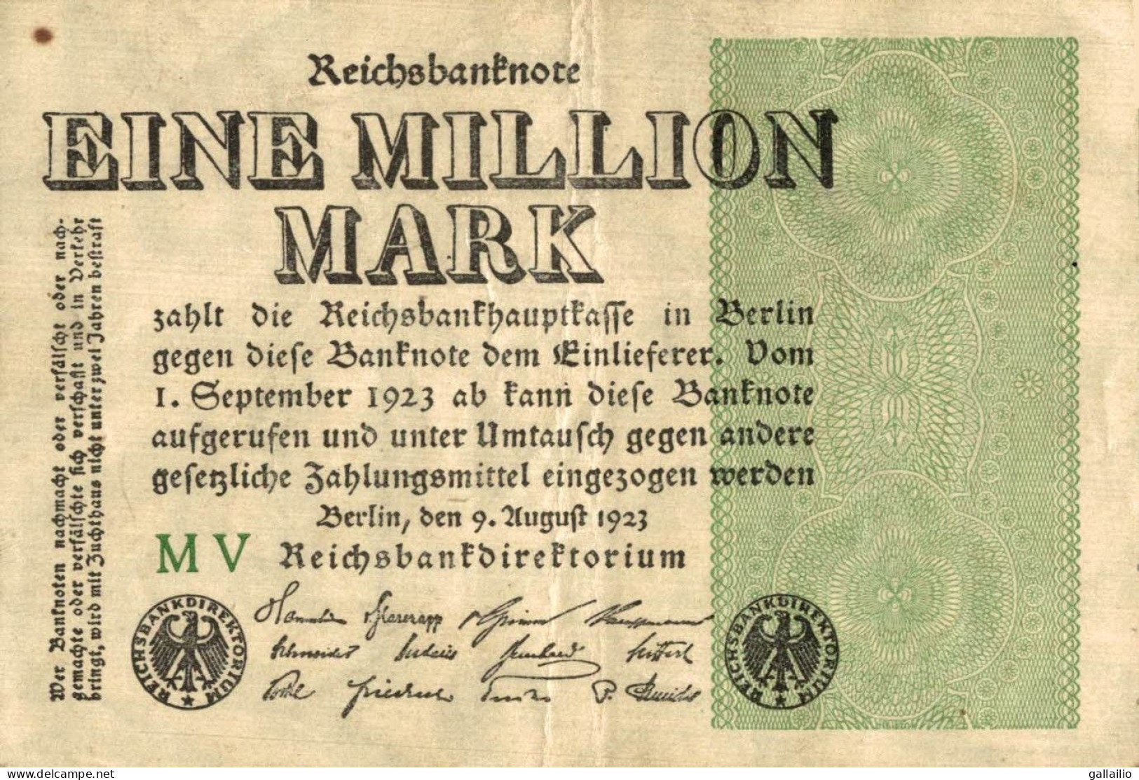 BILLET REICHSANKNOTE EINE MILLION MARK - 1 Mio. Mark