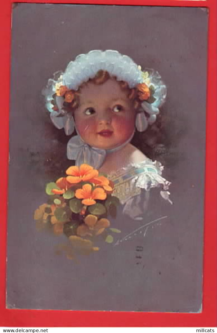 KNOEFEL   CHILD WITH  BLUE BONNET + FLOWERS  Pu 1914 - Knoefel, Ludwig