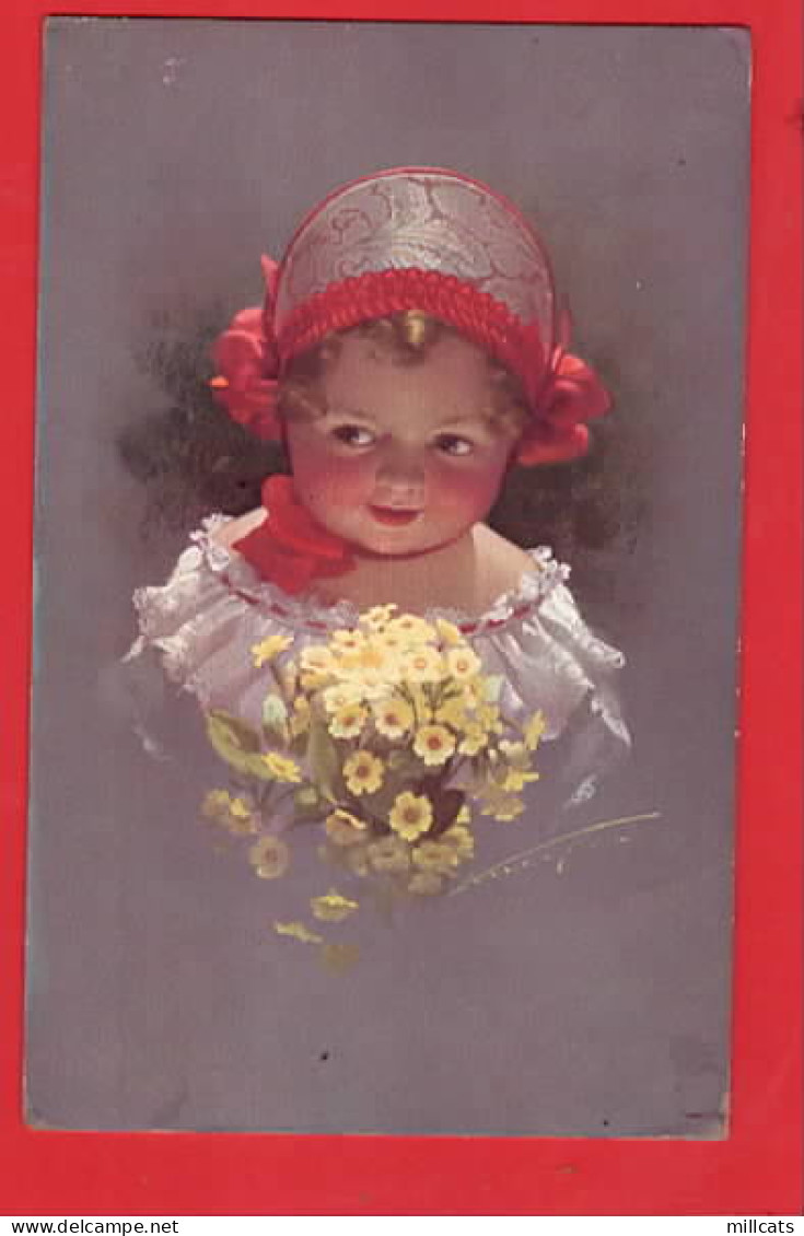 KNOEFEL   CHILD WITH  RED BONNET + PRIMROSES  Pu 1914 - Knoefel, Ludwig