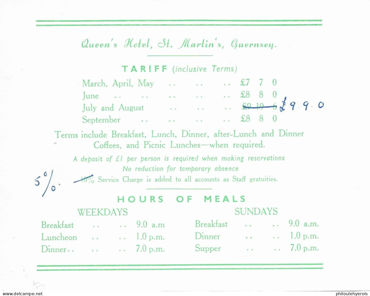 GUERNSEY ST.MARTINS QUEEN'S HOTEL 1958 Dépliant Lettre Tarif Et Enveloppe - Non Classés