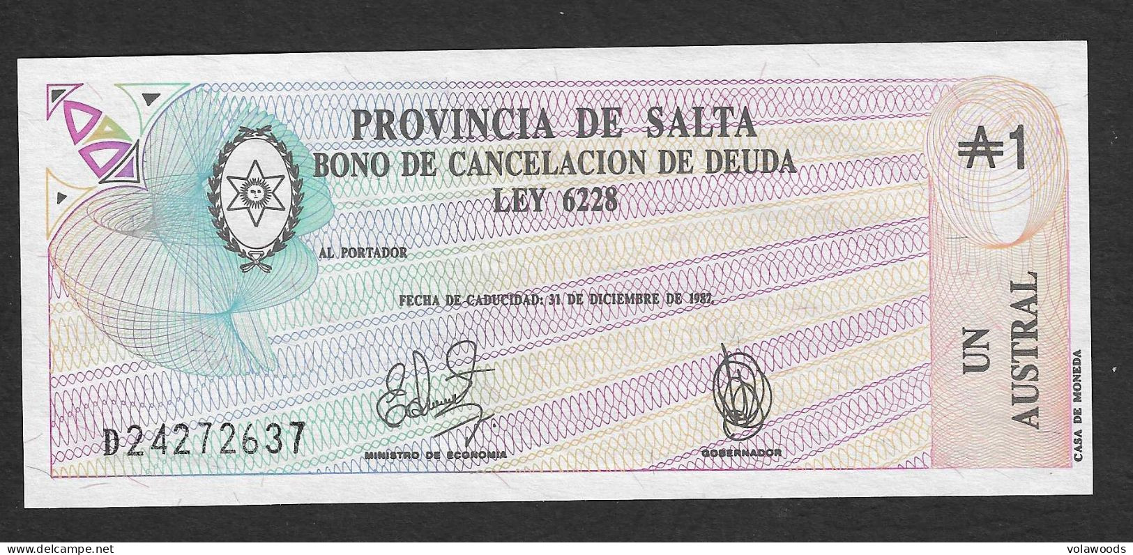 Argentina - Provincia Di Salta - Buono Cancellazione Debiti Non Circolato FdS UNC Da 1 Australes P-S2612e -1986 - Argentine