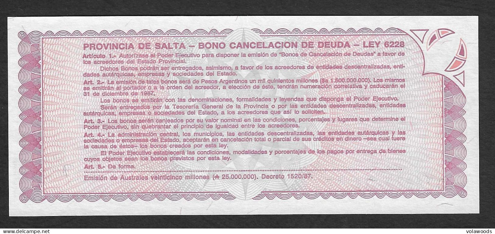 Argentina - Provincia Di Salta - Buono Cancellazione Debiti Non Circolato FdS UNC Da 1 Australes P-S2612e -1986 - Argentine