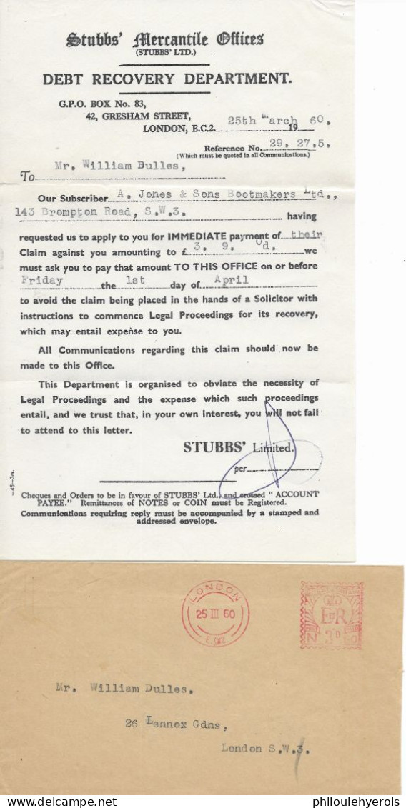 LONDON LONDRES STUBBS' MERCANTILE OFFICES 1960 Lettre Et Enveloppe - Non Classés