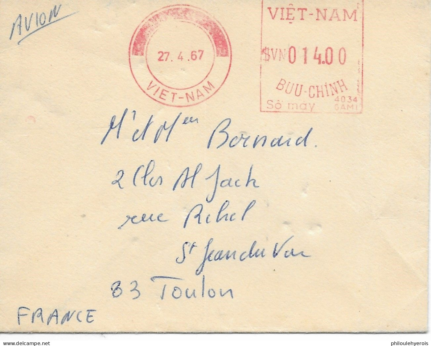 VIET NAM 1967 Enveloppe Pour TOULON - Non Classés