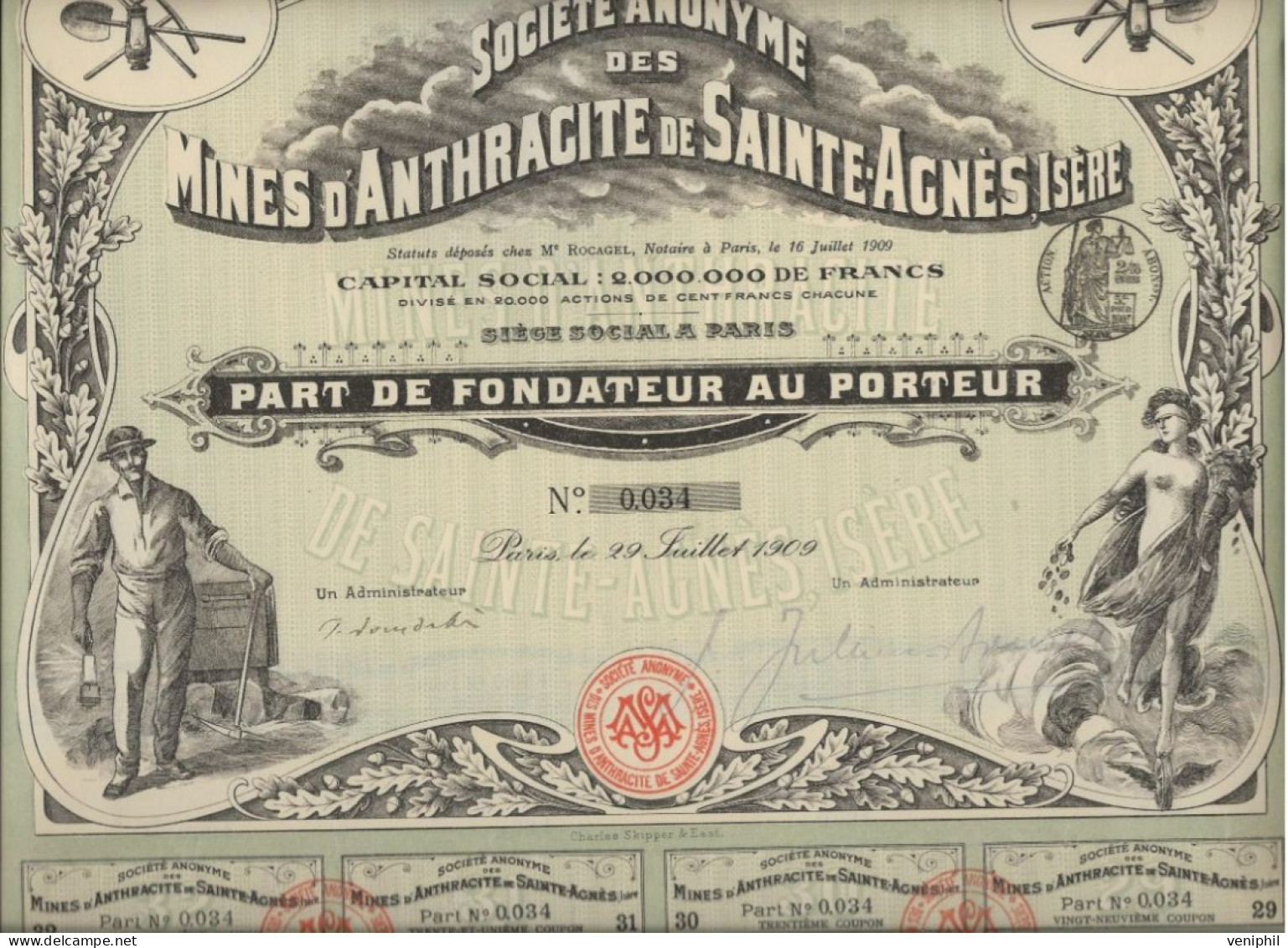 MINES D'ANTHRACITE DE SAINTE-AGNES -ISERE - SUBERBE PART DE FONDATEUR  ILLUSTREE - ANNEE 1909 - Mijnen