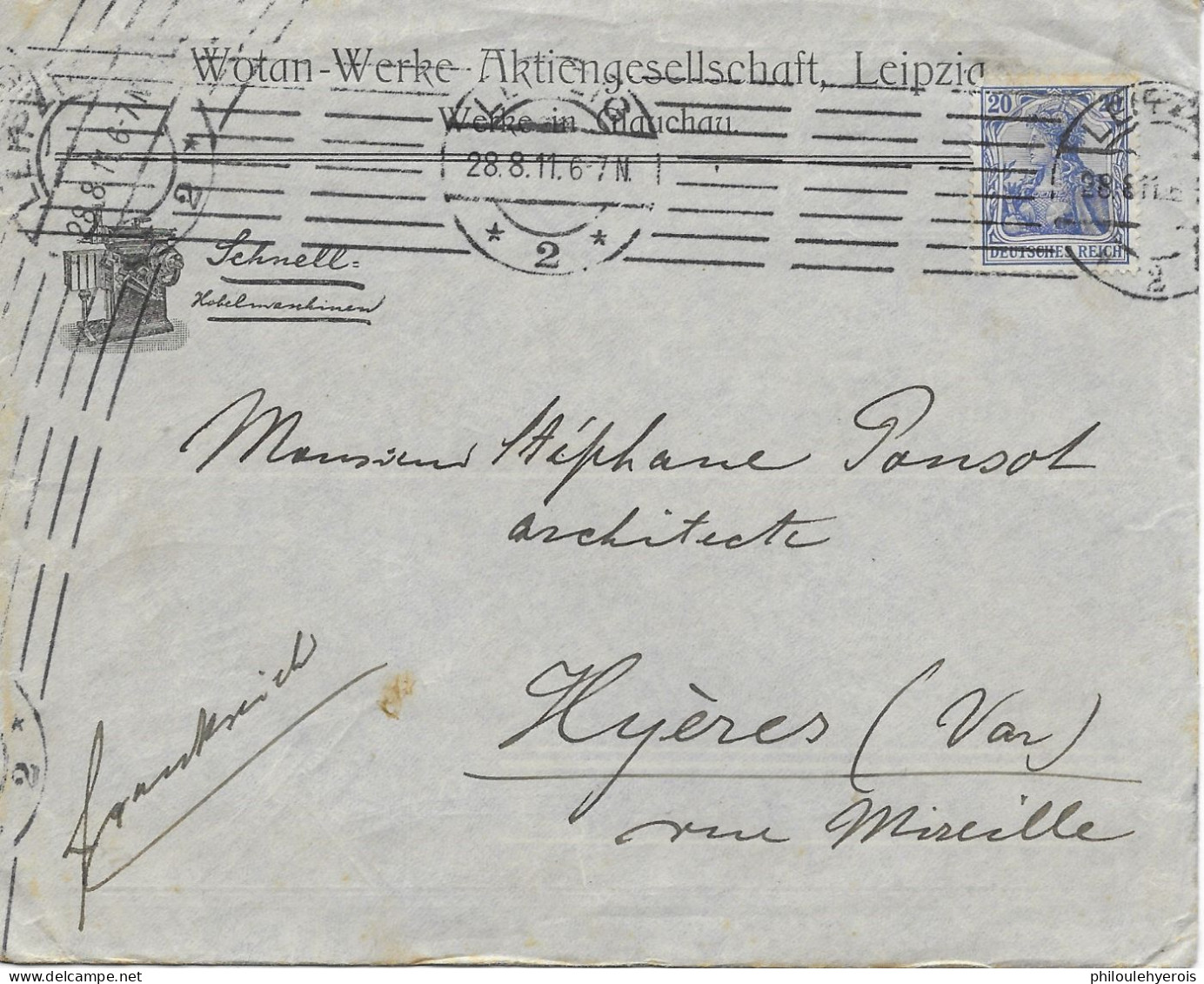 ALLEMAGNE DEUTSCHE LEIPZIG Wotan-Werke 1911 Enveloppe Avec Plan Et Lettre Pour HYERES - Non Classés