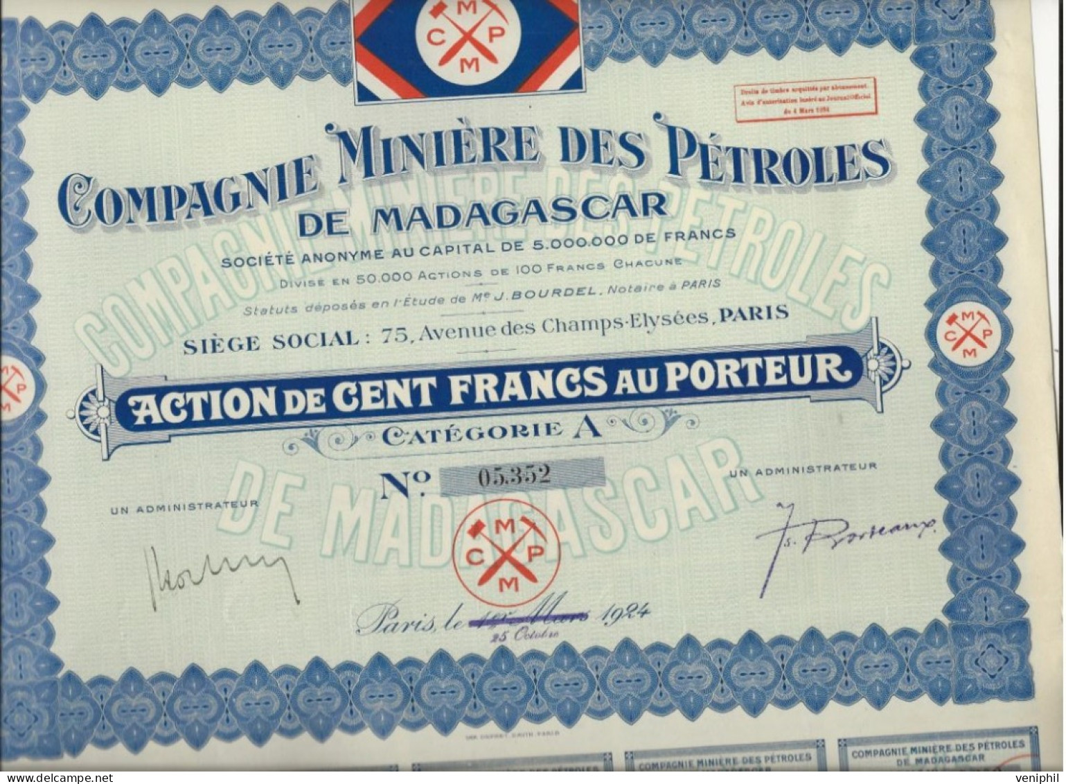 COMPAGNIE MINIERE DES PETROLES DE MADAGASCAR - ACTION DE CENT FRANCS -CATEGORIE A - ANNEE 1924 - Miniere
