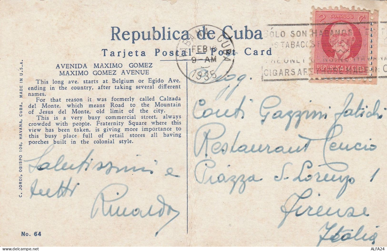 CARTOLINA 1935 CUBA HABANA PIEGA CENTRALE (LX367 - Cartas & Documentos
