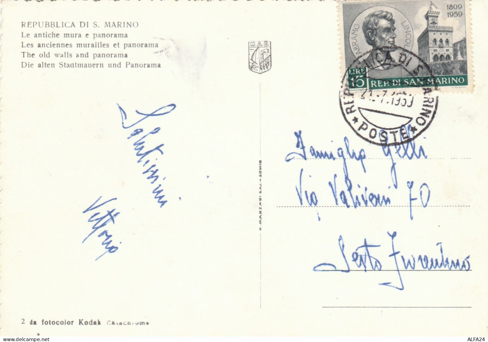 CARTOLINA 1959 SAN MARINO L.15 (LX328 - Briefe U. Dokumente