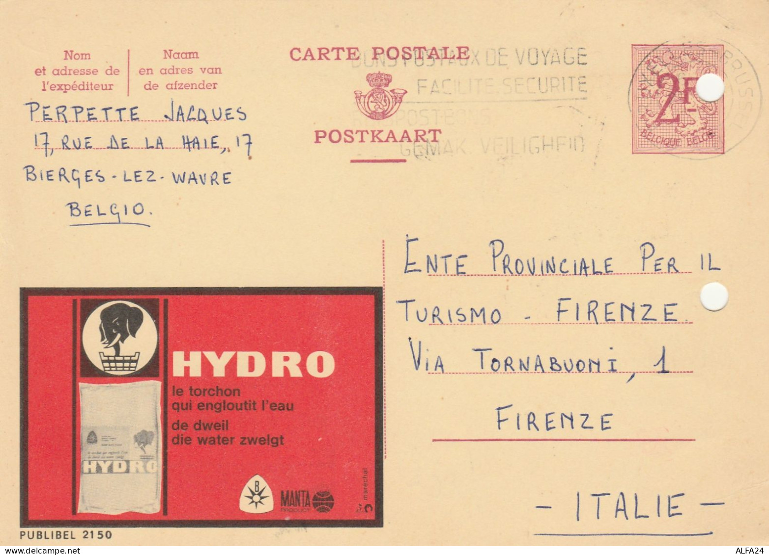 INTERO POSTALE BELGIO FORI ARCHIVIAZIONE HIDRO (LX142 - 1951-1960