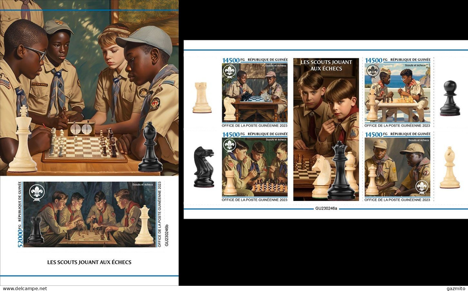 Guinea 2023, Scout And Chess, 4val In BF +BF IMPERFORATED - Echecs