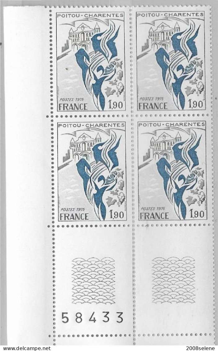 1975 Bloc De 4 Coin Numéroté Poitou Charentes Neuf ** N°1851 - 1960-1969