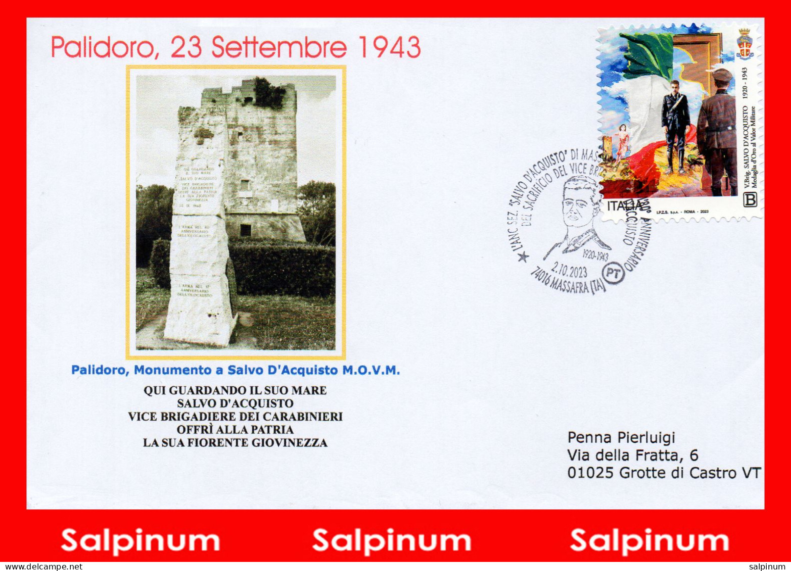 ANNULLO ANNIVERSARIO 80° MORTE SALVO D'ACQUISTO – MASSAFRA - 2021-...: Storia Postale