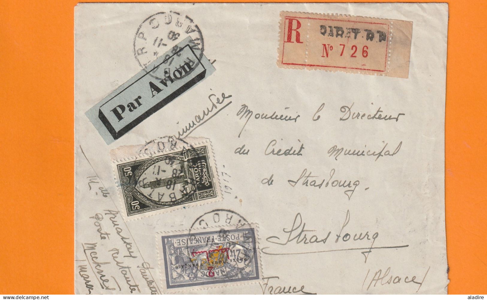 1930 -  Env En Recommandé PAR AVION De RABAT RP Vers STRASBOURG, France - Affrt 2 F Merson Et 50 C Marrakech - Lettres & Documents