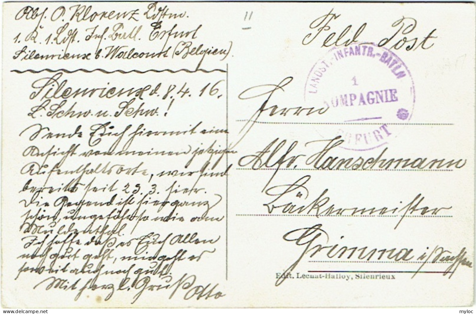 Silenrieux. Strampia.  Cachet Militaire 1 Kompagnie Erfurt. Feld Post. - Cerfontaine