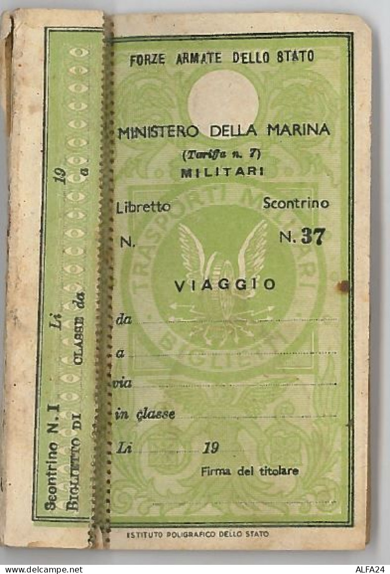MINISTERO MARINA -  BIGLIETTO TRASPOSTO MILITARI - ANNI 30? - CON MATRICE (RL265 - Europa