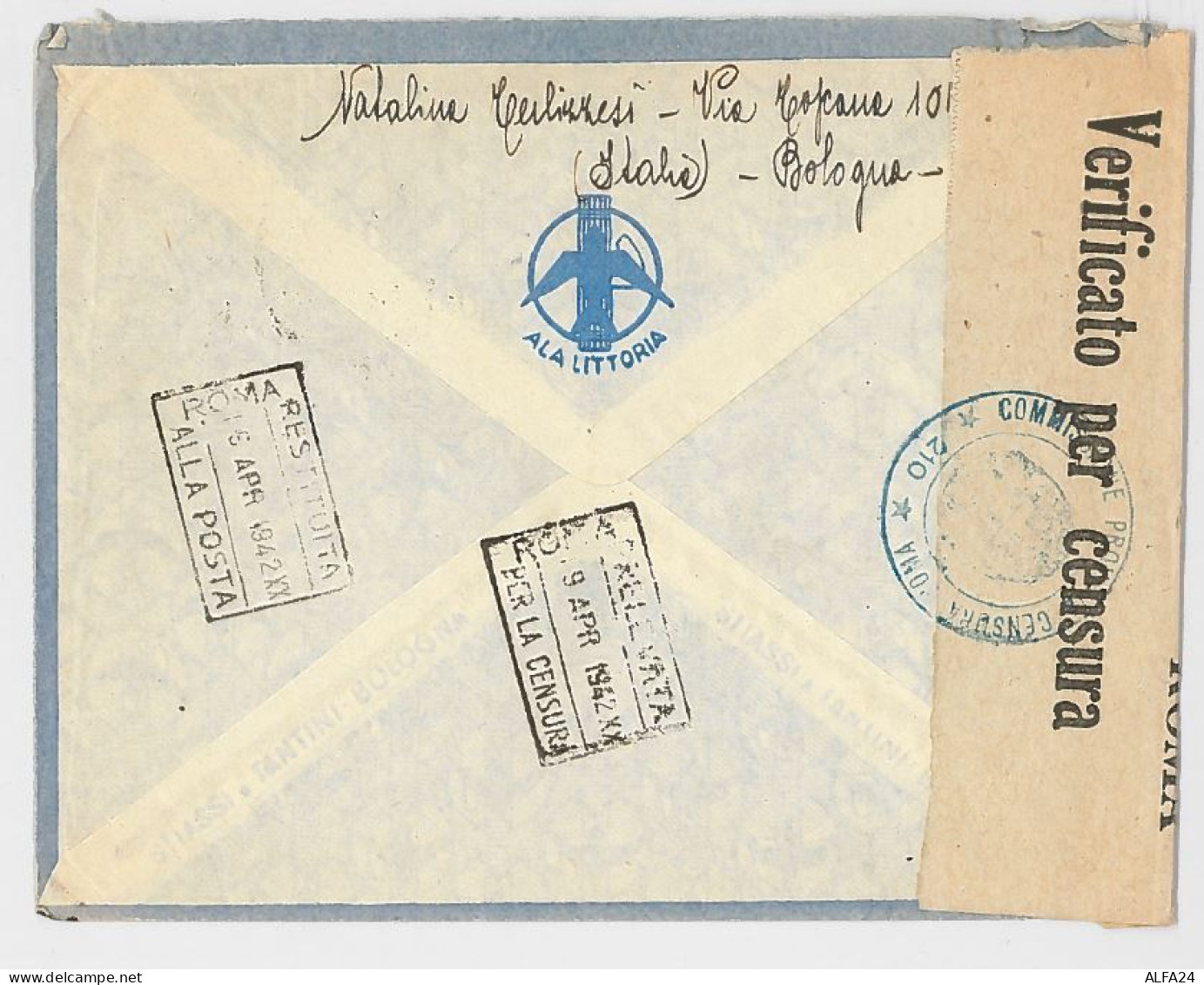 LETTERA 1942 VIA AEREA - VIA ALA VITTORIA -VERIFICATA PER CENSURA CON TIMBRI PRELIEVO E RESTITUZIONE (RL286 - Airmail