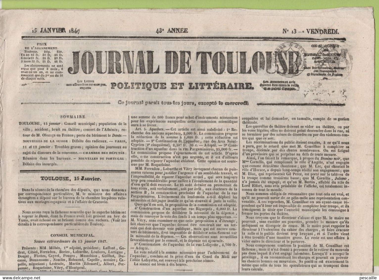 JOURNAL DE TOULOUSE 15 01 1847 - CONSEIL MUNICIPAL BORNE FONTAINE AQUEDUCS - LEGUEVIN - DIRECTEUR OPERA - ATHENEE - FOIX - 1800 - 1849