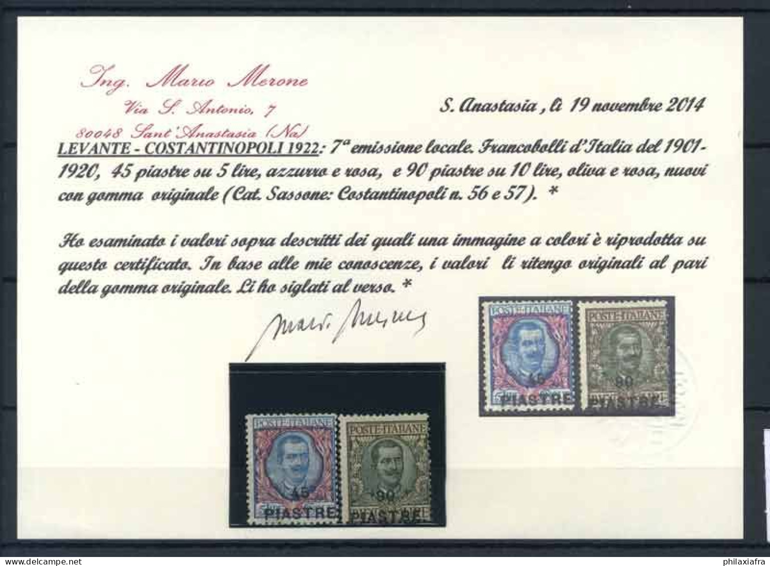 Constantinople 1922 Sass. 56-57 Neuf * MH 100% Certificat Merone - Autres & Non Classés