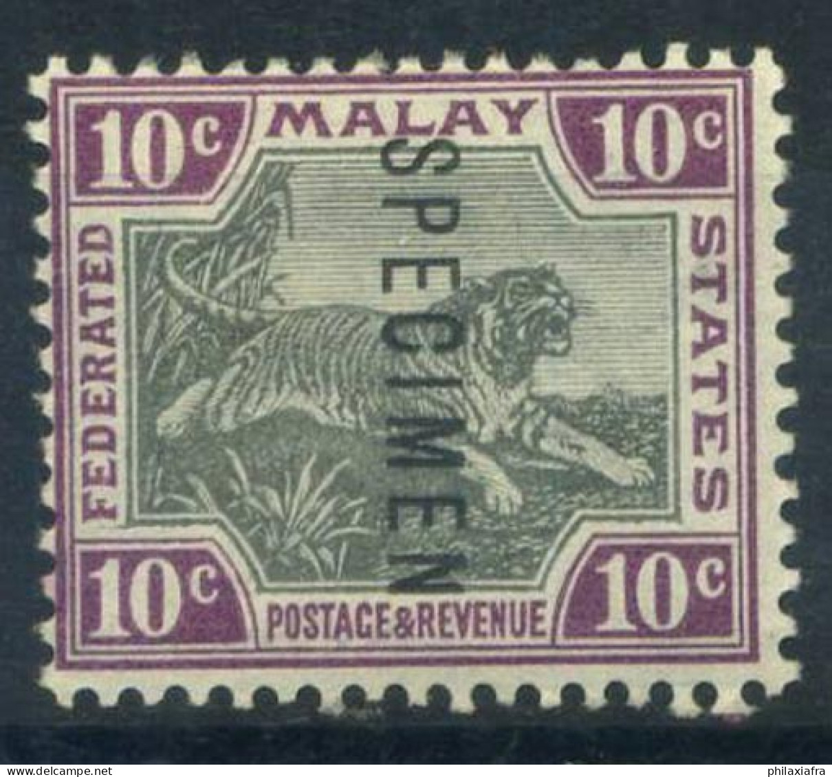 Malaya 1901 Mi. 20 Neuf * MH 100% Spécimen, 10c, Tiger, Filigrane 1 - Federated Malay States