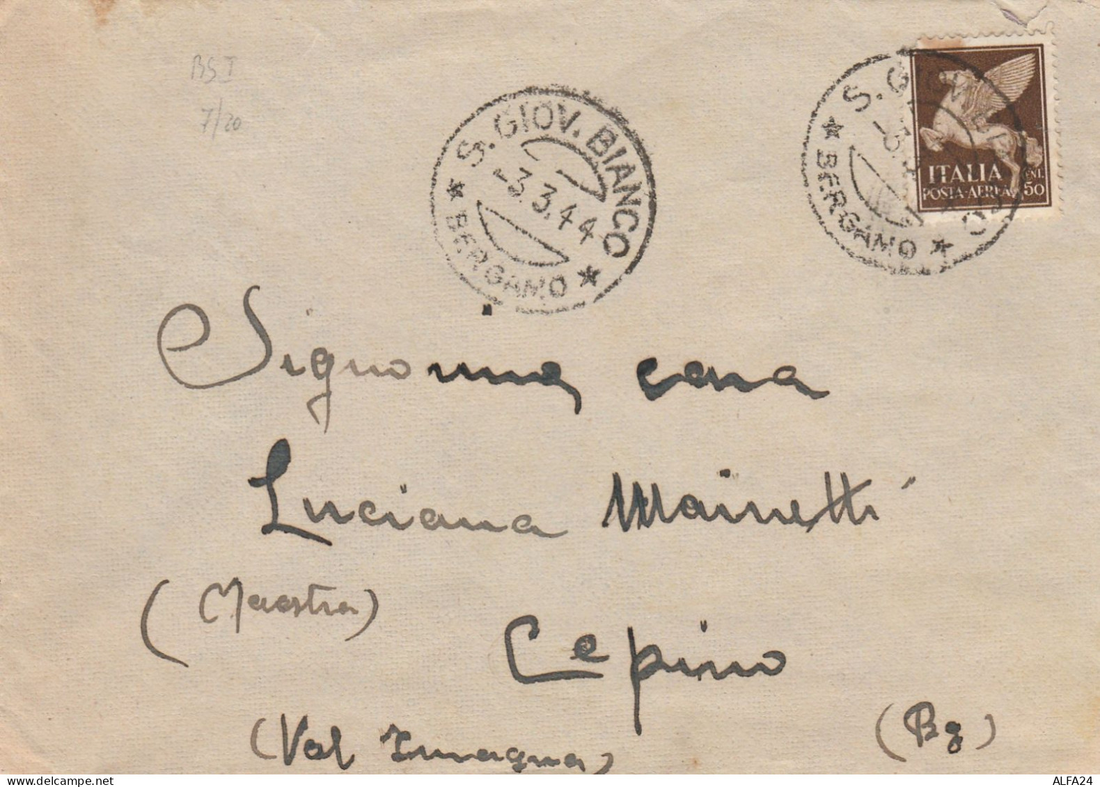 LETTERA 1944  CON 50 CENT. POSTA AEREA -PERIODO REPUBBLICA SOCIALE-TIMBRO S.GIOVANNI BIANCO-BERGAMO (RX814 - Poste Aérienne