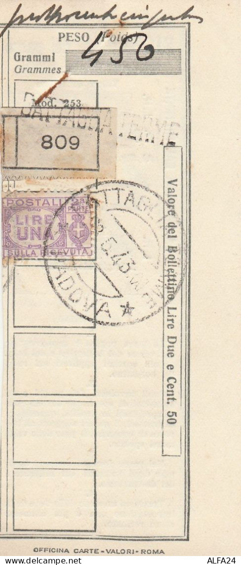 RICEVUTA PACCO 1943 LIRE 1 - BATTAGLIA TERME (RX140 - Postal Parcels