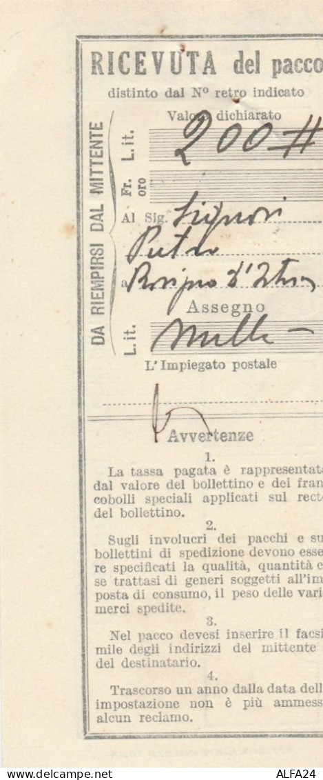 RICEVUTA PACCO 1943 LIRE 1 - BATTAGLIA TERME (RX140 - Paketmarken