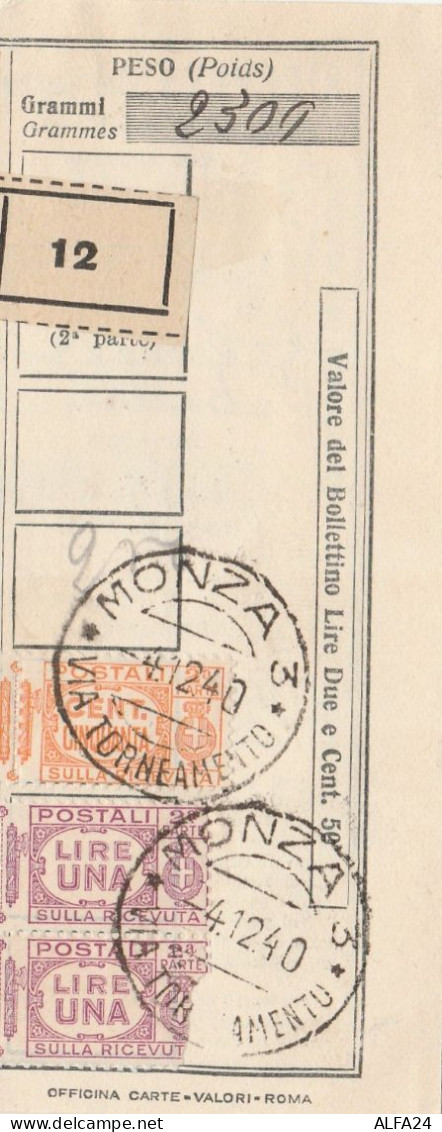 RICEVUTA PACCHI LIRE1+1+0,50 - TIMBRO MONZA VIA TORNEAMENTO 1940 (RX46 - Paquetes Postales