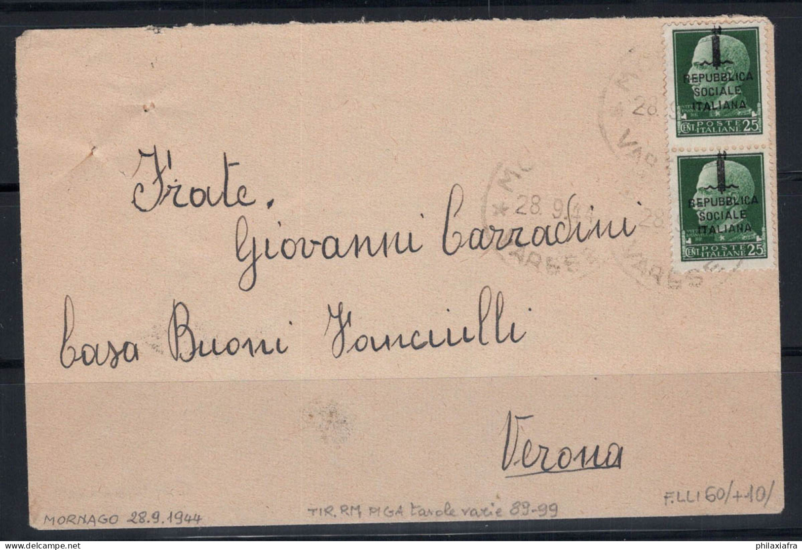Italie 1944 Enveloppe 100% Vérone, MORNAGO - Other & Unclassified