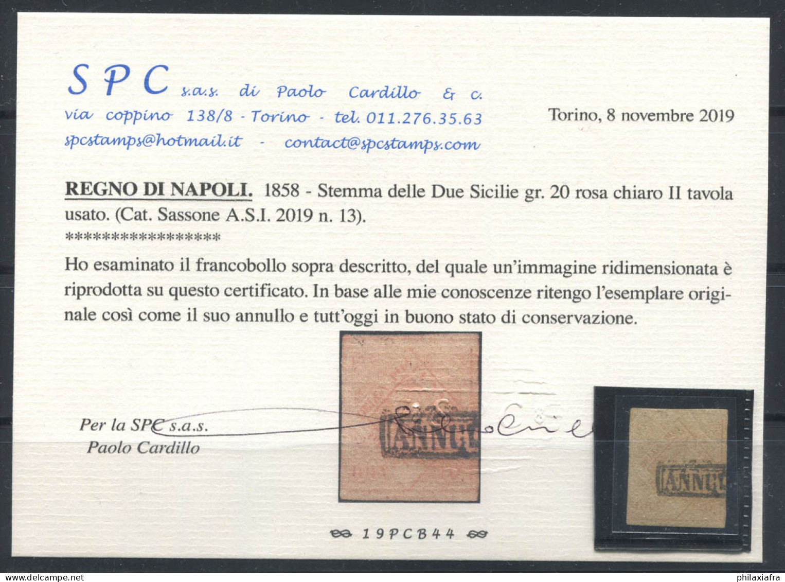 Naples 1858 Sass. 13 Oblitéré 80% Certificat Cardillo, 20 G, Table II - Napoli