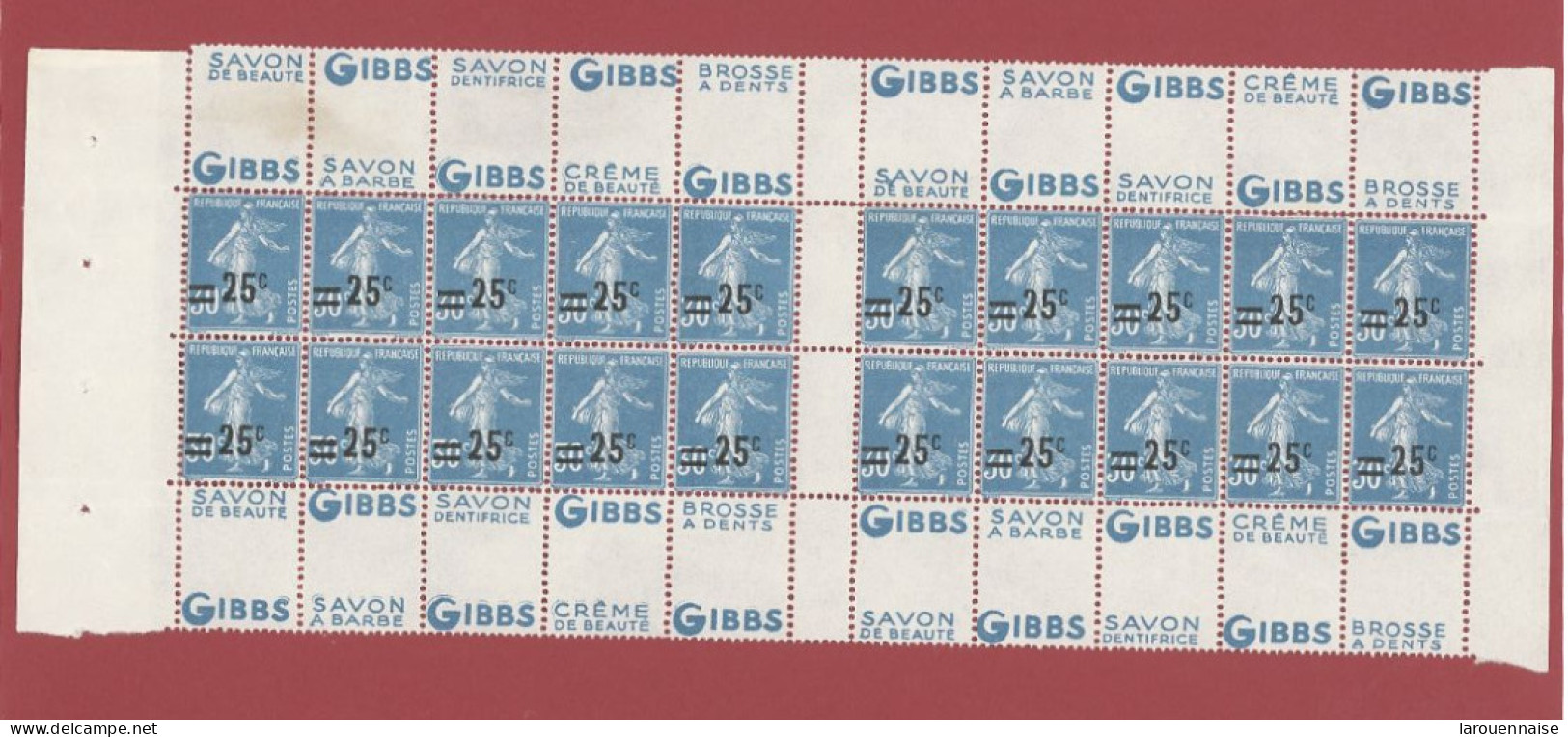 CARNET SEMEUSE CAMEE N°217 C2 -25 C /30 BLEU TYPE IIB-PUB GIBBS-BLOC DE 20 TIMBRES ,ISSU DE FEUILLE DE 120 TIMBRES PREVU - Nuovi