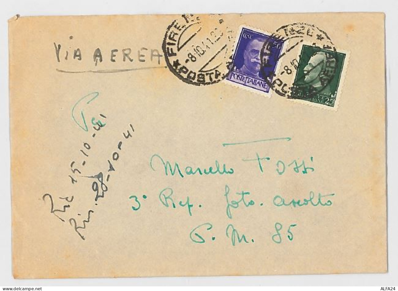 LETTERA VIAGGIATA 1941 CON DOPPIA AFFRANCATURA TIMBRI FIRENZE VIA AEREA (SX102 - Marcophilie (Avions)