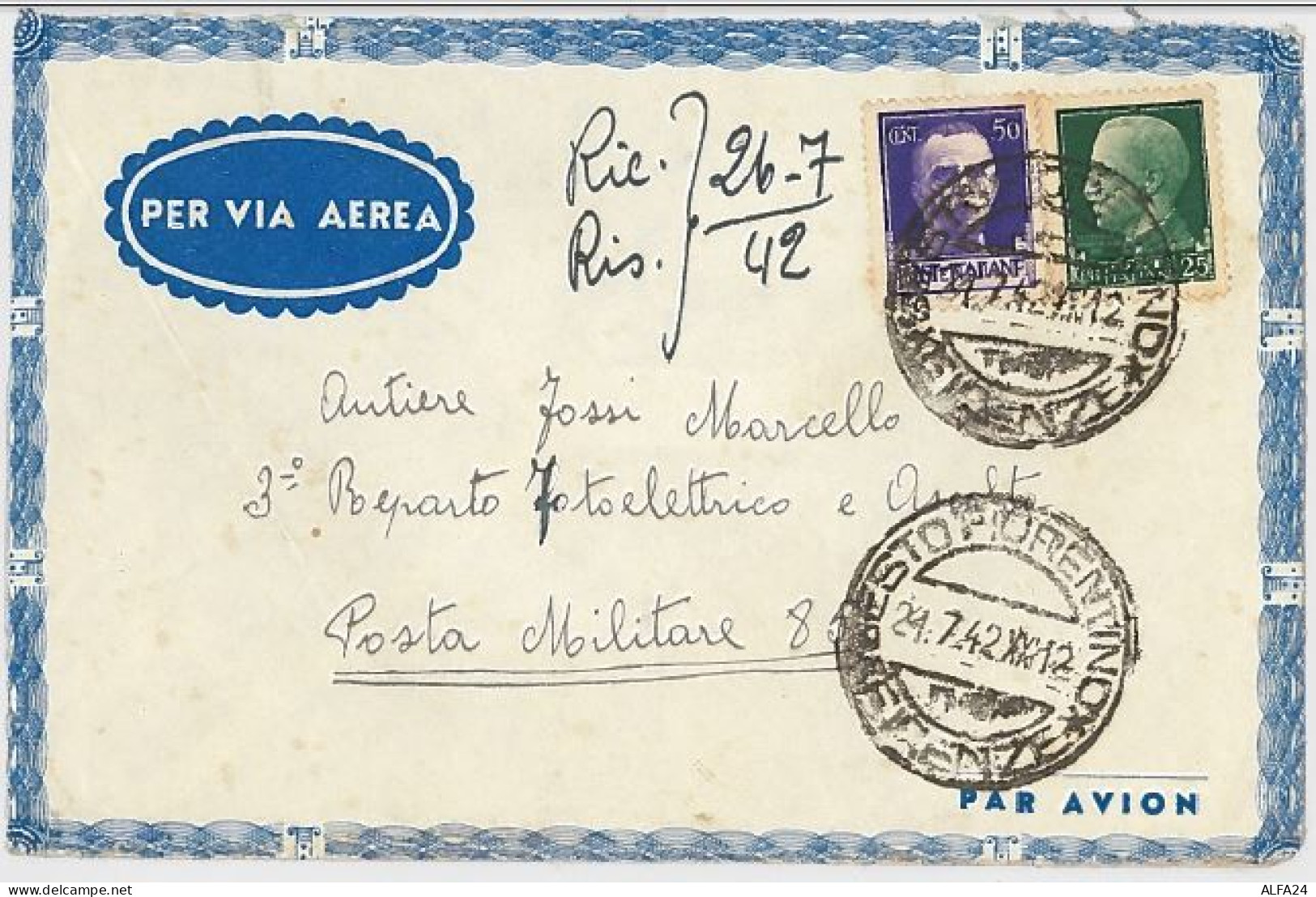 LETTERA VIAGGIATA 1942 VIA AEREA  (SX42 - Poststempel (Flugzeuge)