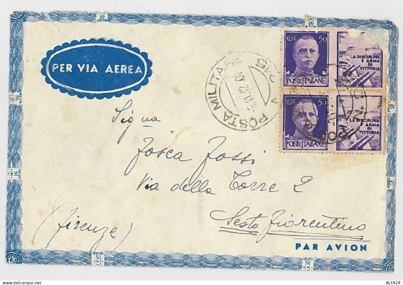 LETTERA VIAGGIATA 1942 VIA AEREA COPPIA FRANCOBOBOLLI (SCIUPATO ALTO DX) (SX34 - Storia Postale (Posta Aerea)