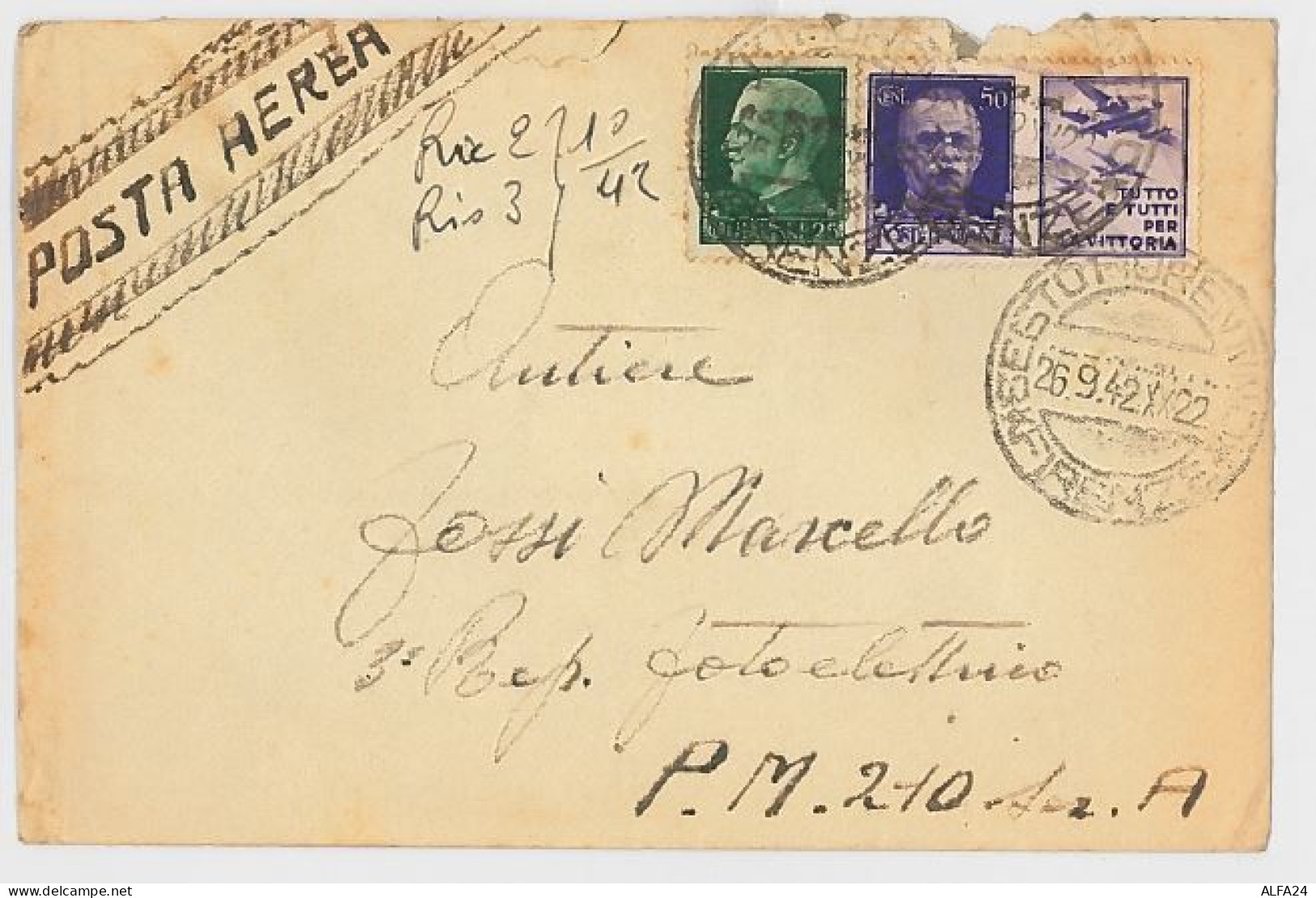 LETTERA VIAGGIATA 1942 VIA AEREA COPPIA FRANCOBOLLI (SX14 - Marcophilie (Avions)