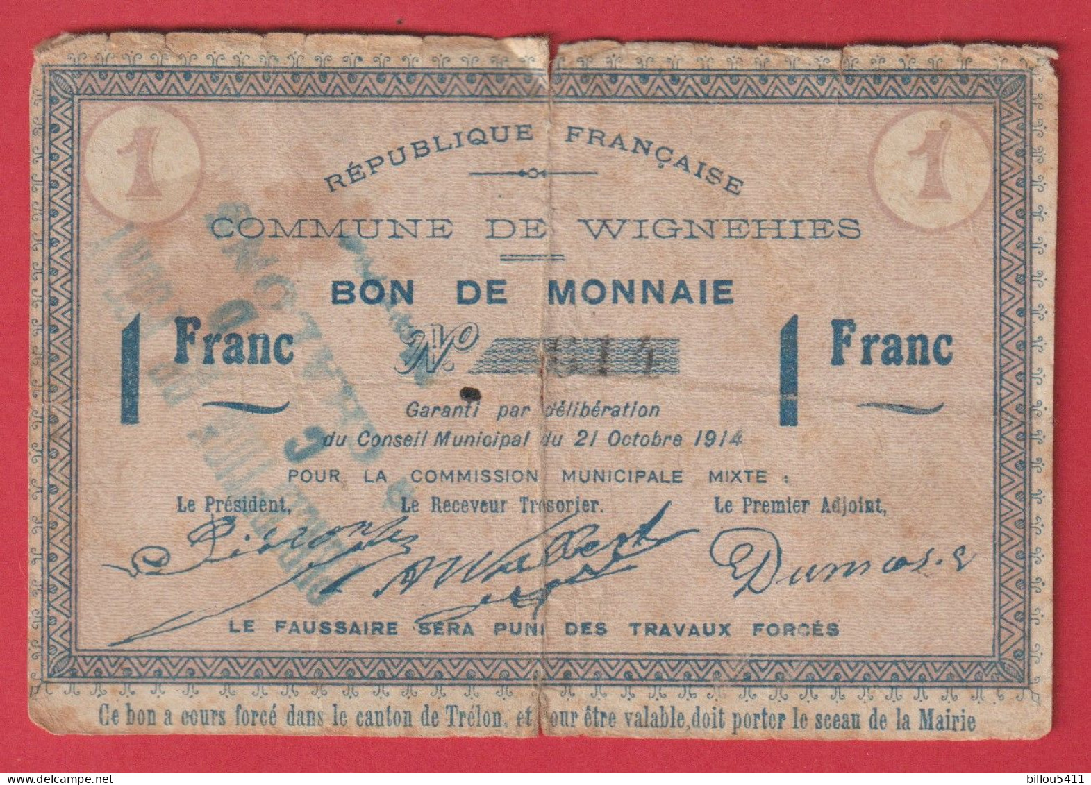 Bon De Monnaie  De 1 F Commune De WIGNEHIES  Canton De Trélon - Notgeld