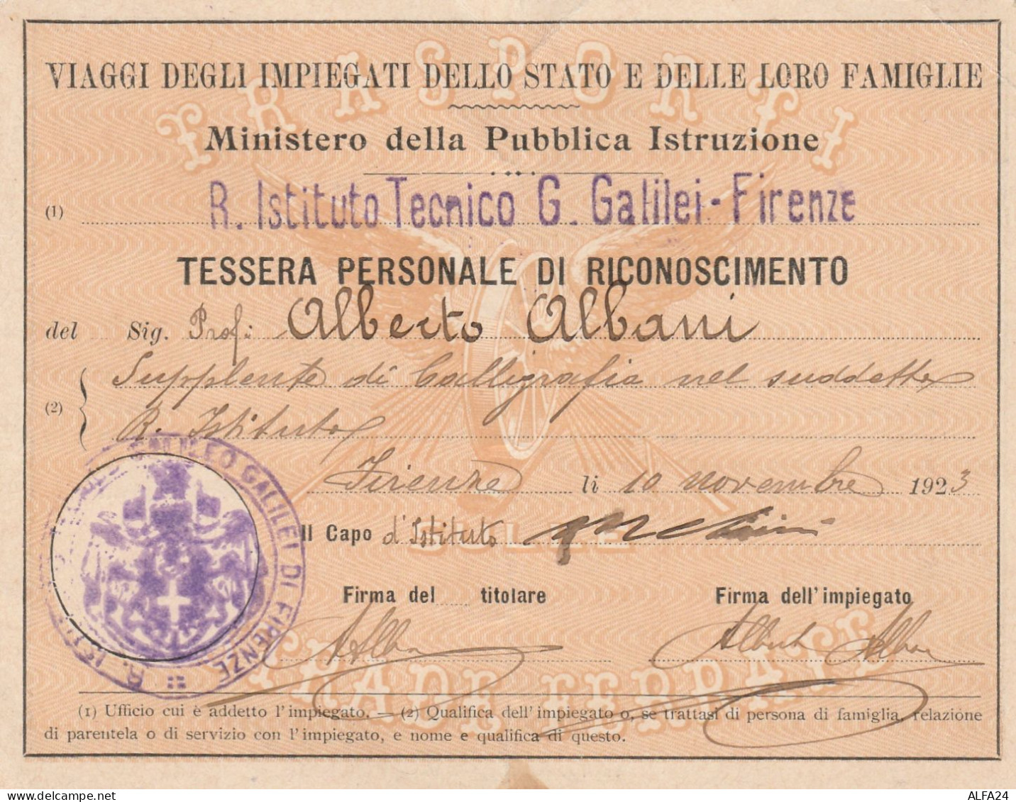 TESSERA DI RICONOSCIMENTO 1923 PROFESSORE (PIEGA CENTRALE) (SY99 - Seals Of Generality