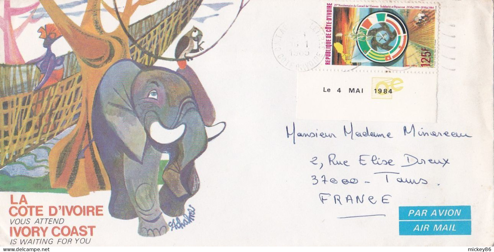 Côte D'Ivoire --1986--Lettre De C.N.T ABIDJAN LETTRES Pour TOURS-37 (France) ..tp Seul Sur Lettre Illustrée - Ivory Coast (1960-...)