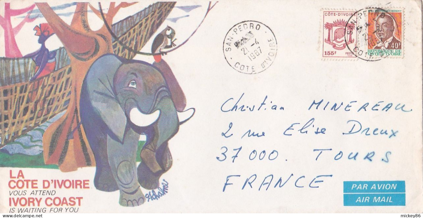 Côte D'Ivoire --1987--Lettre De SAN PEDRO  Pour TOURS-37 (France) ..timbres  Sur Lettre Illustrée - Costa De Marfil (1960-...)