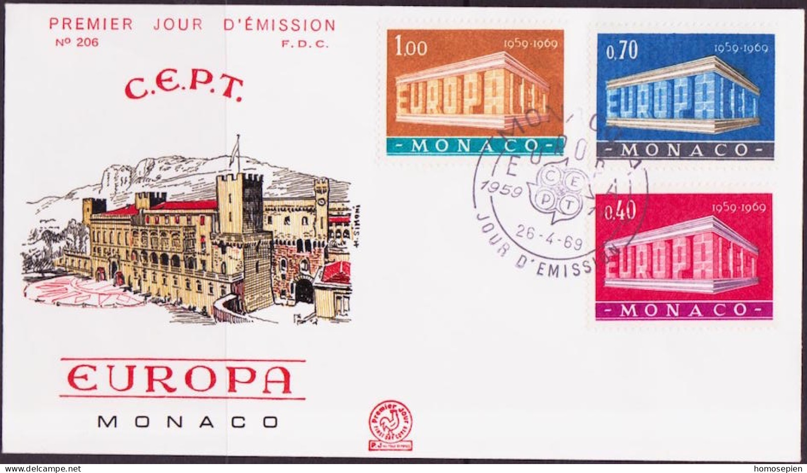 Europa CEPT 1969 Monaco FDC2 Y&T N°789 à 791 - Michel N°929 à 931 - 1969