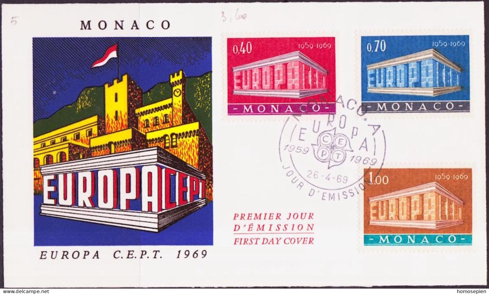 Europa CEPT 1969 Monaco FDC4 Y&T N°789 à 791 - Michel N°929 à 931 - 1969